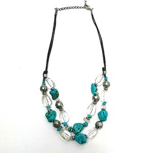 turquoise and clear bead double strand rawhide necklace